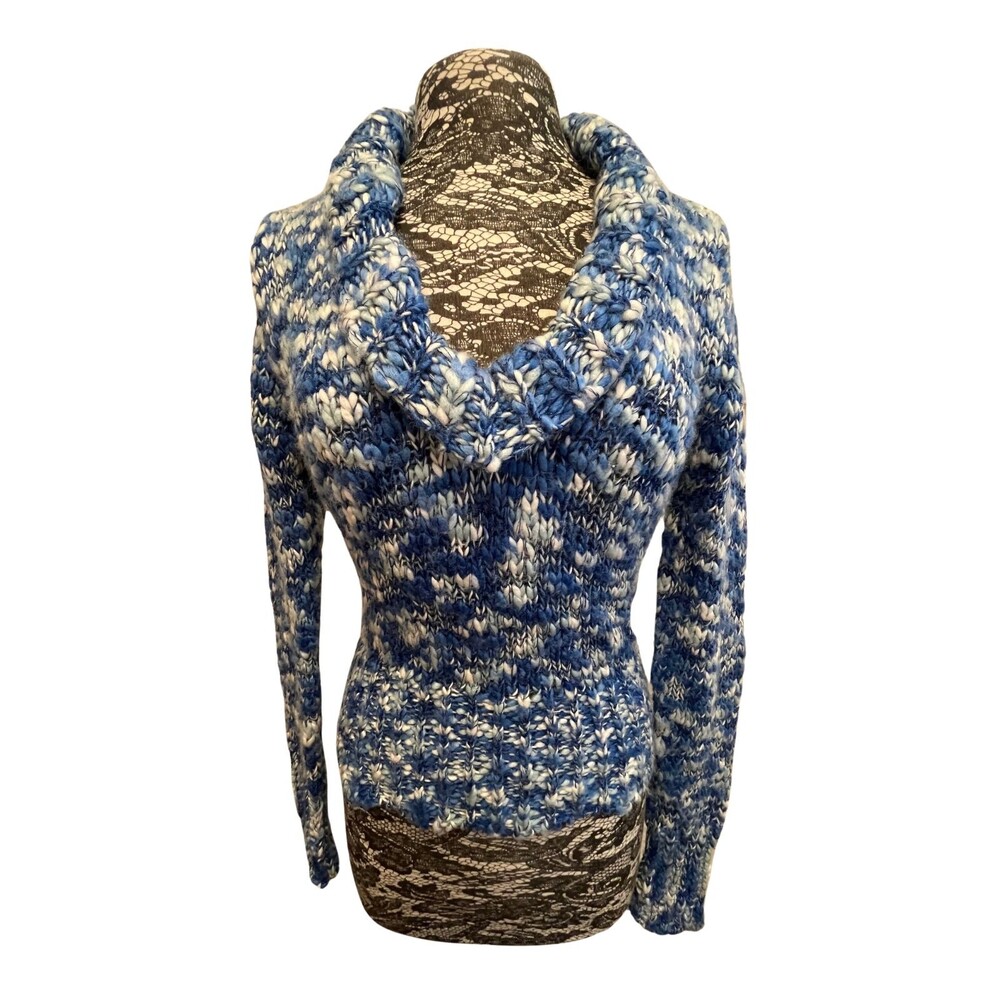 Vintage Y2K Sweater Guess‎ Blue White Metallic Bling Crochet Woven V-Neck Sexy M